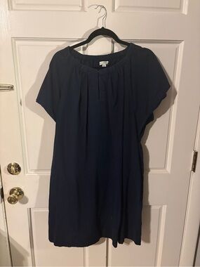 Pleated Navy Mini Dress — Short Sleeve Casual Shift